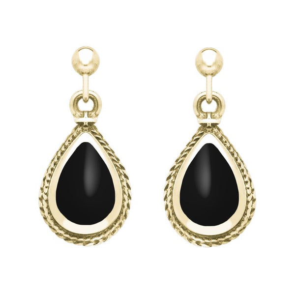 9ct Yellow Gold Whitby Jet Gold Pear Shaped Drop Earrings, E031.