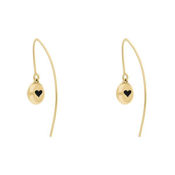 9ct Yellow Gold Whitby Jet Heart Disc Drop Earrings, E1372.