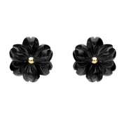 9ct Yellow Gold Whitby Jet Large Carved Flower Stud Earrings E1323