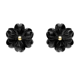 9ct Yellow Gold Whitby Jet Large Carved Flower Stud Earrings E1323