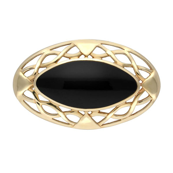 9ct Yellow Gold Whitby Jet Large Celtic Framed Brooch. M170.