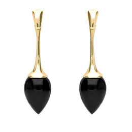9ct Yellow Gold Whitby Jet Long Flute Pear Drop Earrings E1461