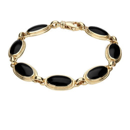 9ct Yellow Gold Whitby Jet Long Oval Ribbed Bracelet B229