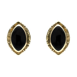 9ct Yellow Gold Whitby Jet Marquise Beaded Edge Stud Earrings. E136. 