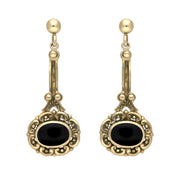 9ct Yellow Gold Whitby Jet Ornate Antique Oval Drop Earrings. E053. 