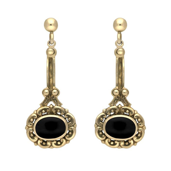 9ct Yellow Gold Whitby Jet Ornate Antique Oval Drop Earrings. E053. 