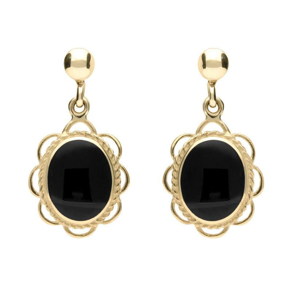 9ct Yellow Gold Whitby Jet Large Oval Rope Frill Drop Earrings E080