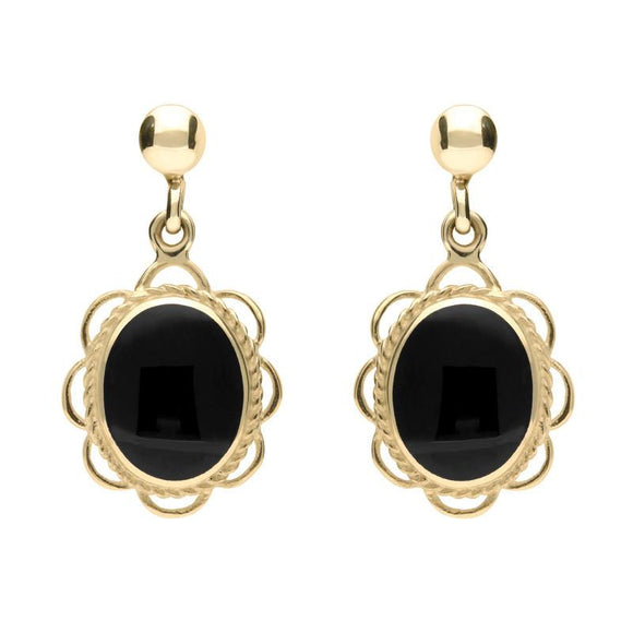 9ct Yellow Gold Whitby Jet Large Oval Rope Frill Drop Earrings E080
