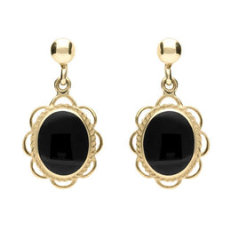 9ct Yellow Gold Whitby Jet Large Oval Rope Frill Drop Earrings E080