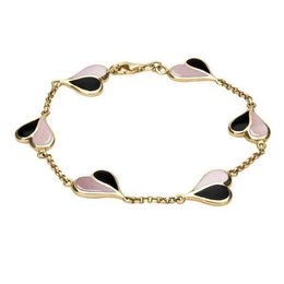 9ct Yellow Gold Whitby Jet Pink Mother of Pearl Split Heart Bracelet. B360.
