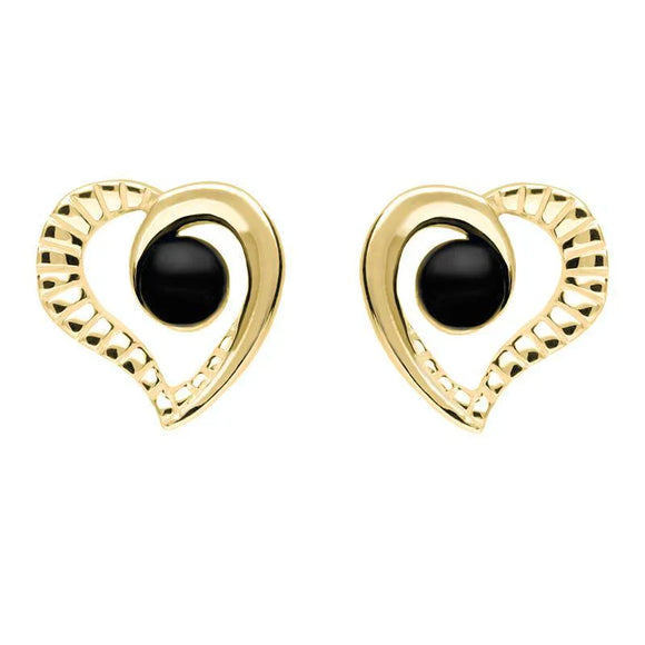 9ct Yellow Gold Whitby Jet Ridged Heart Two Piece Set S021