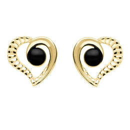 9ct Yellow Gold Whitby Jet Ridged Heart Two Piece Set S021