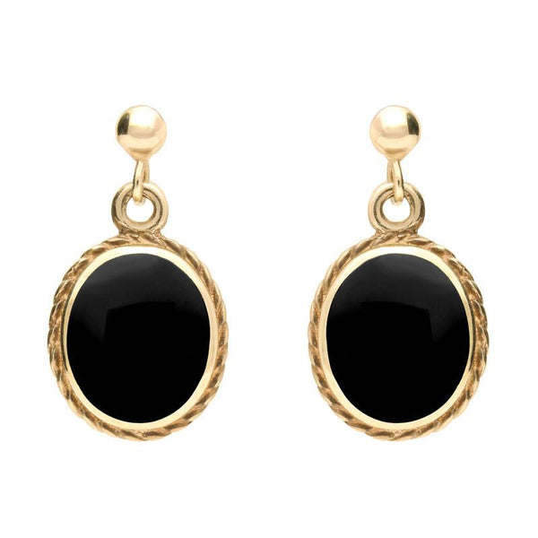 9ct Yellow Gold Whitby Jet Rope Edge Oval Drop Earrings. E010. 