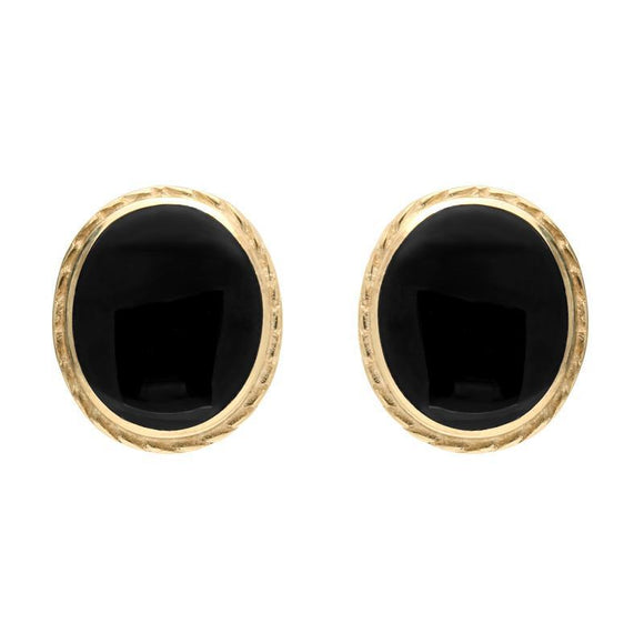 9ct Yellow Gold Whitby Jet Rope Edge Oval Stud Earrings. E023. 