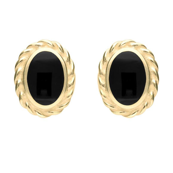 9ct Yellow Gold Whitby Jet Rope Edge Oval Stud Earrings E289
