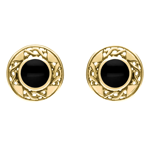 9ct Yellow Gold Whitby Jet Round Celtic Stud Earrings. E149.