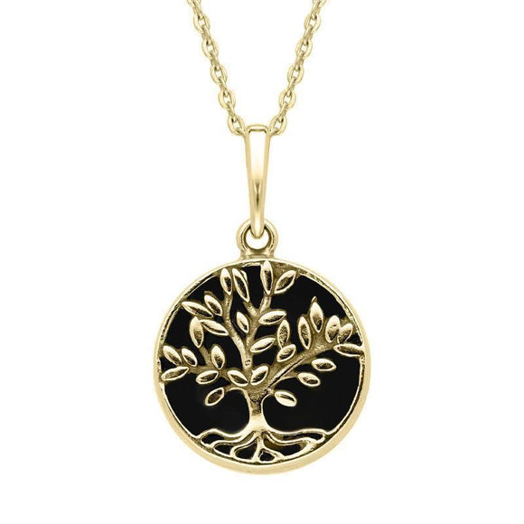 9ct Yellow Gold Whitby Jet Round Large Leaves Tree of Life Two Piece Set S062