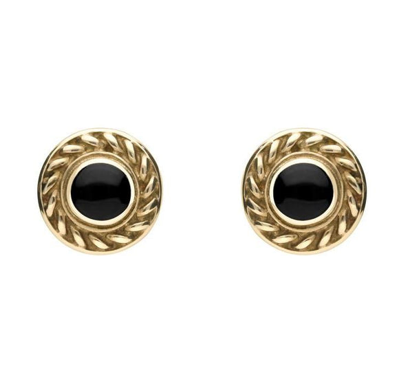 9ct Yellow Gold Whitby Jet Round Rope Edge Stud Earrings E112