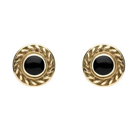 9ct Yellow Gold Whitby Jet Round Rope Edge Stud Earrings E112