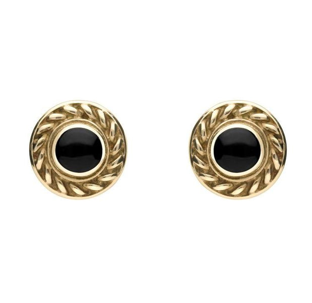 9ct Yellow Gold Whitby Jet Round Rope Edge Stud Earrings E112