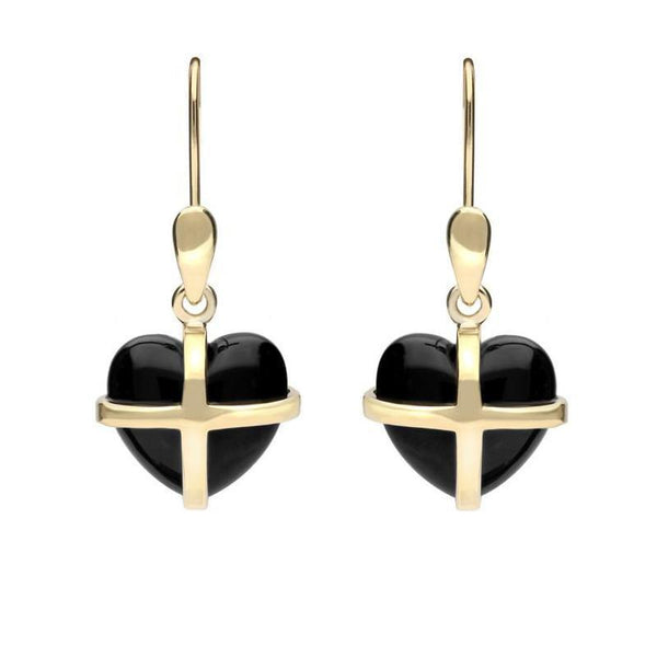 9ct Yellow Gold Whitby Jet Small Cross Heart Drop Earrings E1287