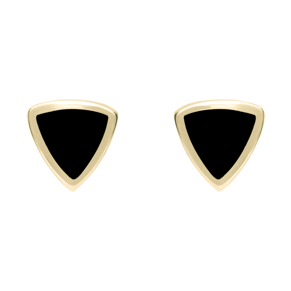 9ct Yellow Gold Whitby Jet Small Curved Triangle Stud Earrings. E061. 