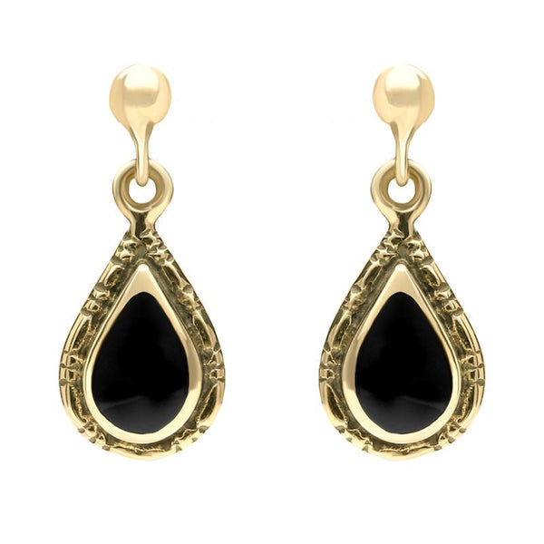 9ct Yellow Gold Whitby Jet Small Pear Drop Earrings E142