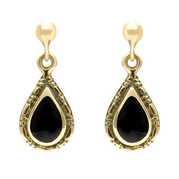 9ct Yellow Gold Whitby Jet Small Pear Drop Earrings E142