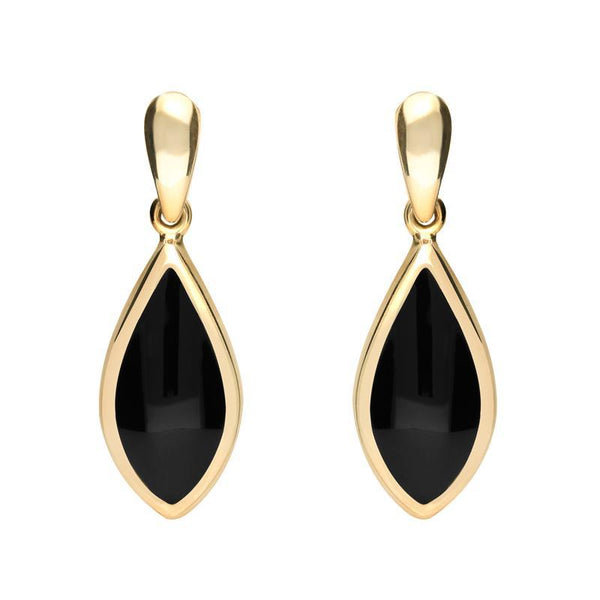 9ct Yellow Gold Whitby Jet Small Pointed Pear Drop Earrings. E686.