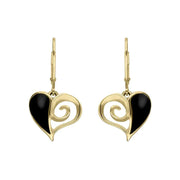9ct Yellow Gold Whitby Jet Swirl Heart Hook Drop Earrings. E1872.