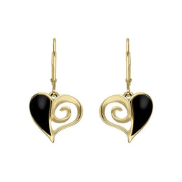 9ct Yellow Gold Whitby Jet Swirl Heart Hook Drop Earrings. E1872.