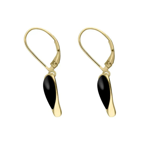 9ct Yellow Gold Whitby Jet Swirl Heart Hook Drop Earrings. E1872.