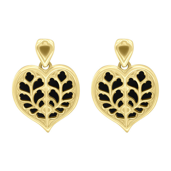 9ct Yellow Gold Whitby Jet York Minster Heart Stud Drop Earrings. E2386.