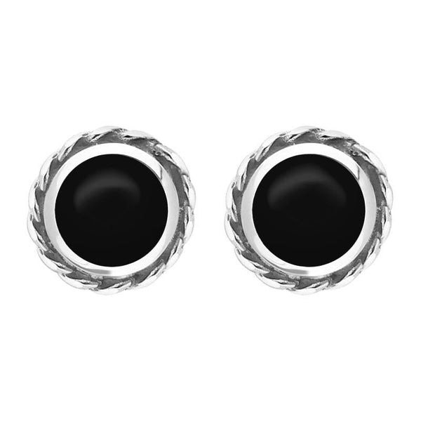 9ct White Gold Whitby Jet Round Twist Edge Stud Earrings. E134.