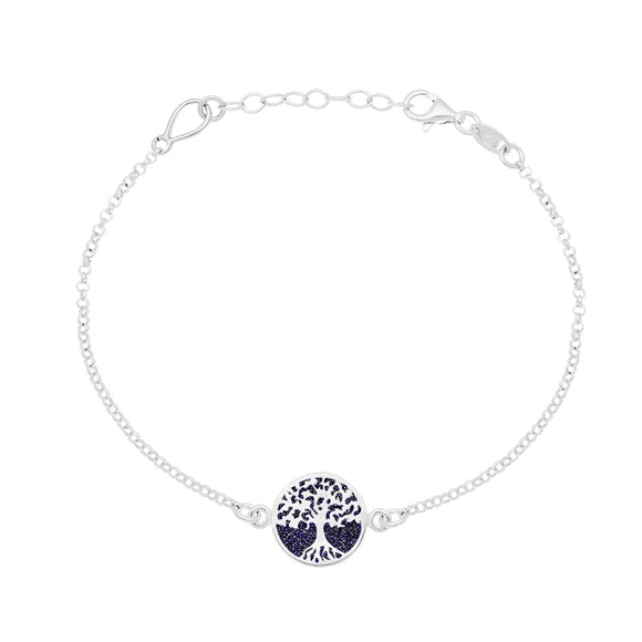 Sterling Silver Blue Goldstone Round Tree of Life Chain Bracelet
