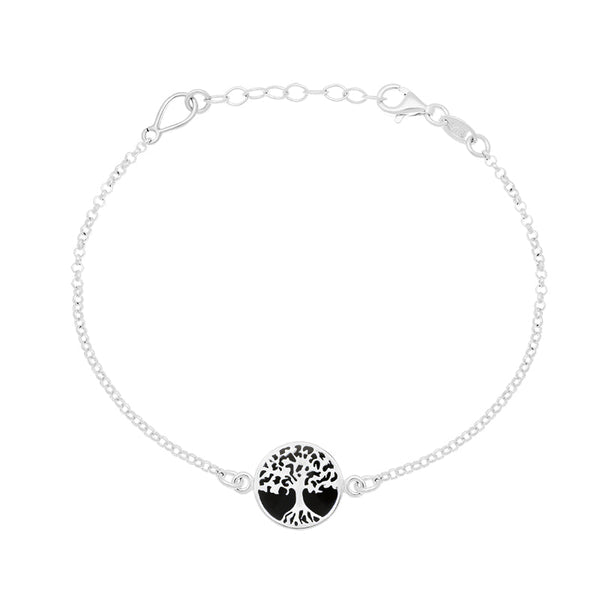 Sterling Silver Whitby Jet Round Tree of Life Chain Bracelet