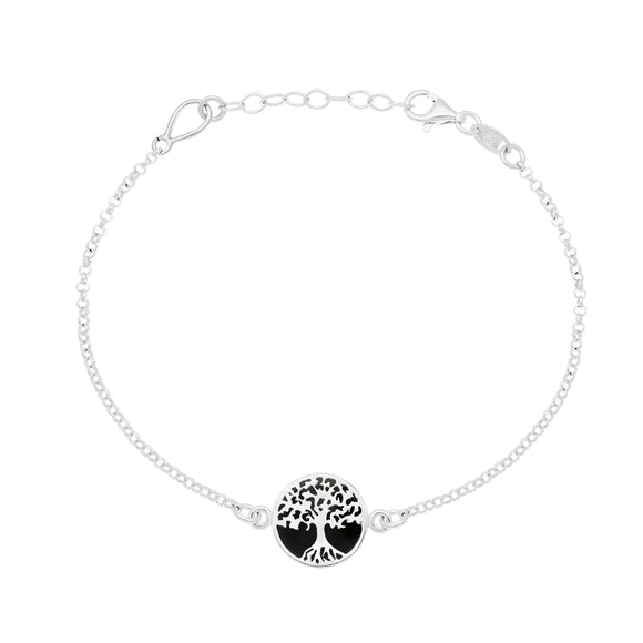 Sterling Silver Whitby Jet Round Tree of Life Chain Bracelet