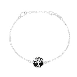 Sterling Silver Whitby Jet Round Tree of Life Chain Bracelet