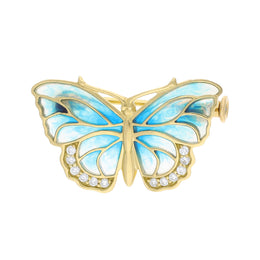 18ct Yellow Gold Blue Enamel & Diamond Butterfly Brooch
