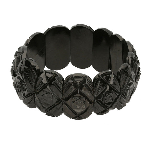 00111194 W Hamond Antique Whitby Jet Thirteen Stone Carved Oval Bracelet, BUNQ0000796.