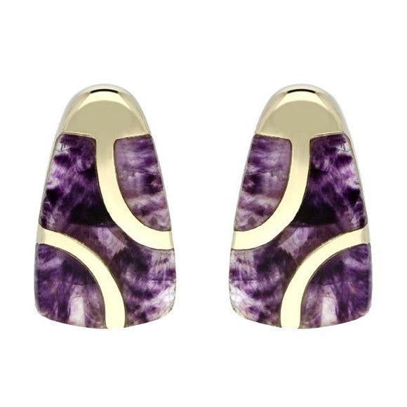 Blue John Curve 3 Stone 9ct Yellow Gold Stud Earrings. E803.