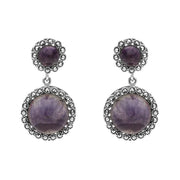 00110890 C W Sellors Sterling Silver Blue John Marcasite Round Double Drop Earrings, E1641.