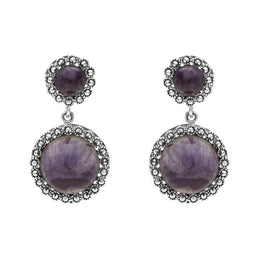 00110890 C W Sellors Sterling Silver Blue John Marcasite Round Double Drop Earrings, E1641.