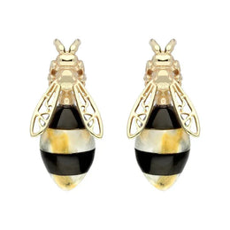 00179075 9ct Yellow Gold Whitby Jet Amber Bee Stud Earrings, E2424.