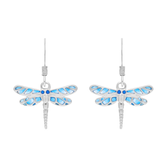 Sterling Silver Blue Enamel Dragonfly Hook Earrings