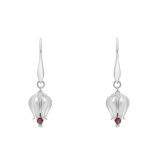 Sterling Silver Garnet Bead 3D Tulip With Bead Drop Hook Earrings
