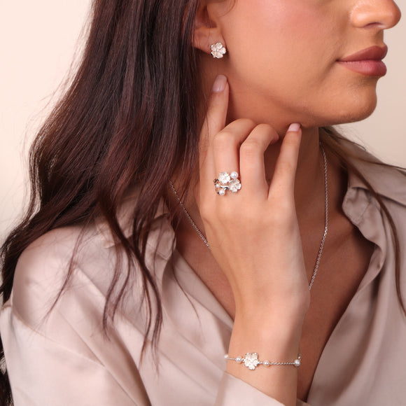 Sterling Silver White Enamel Diamond Flower Studs Earrings