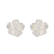 Sterling Silver White Enamel Diamond Flower Studs Earrings