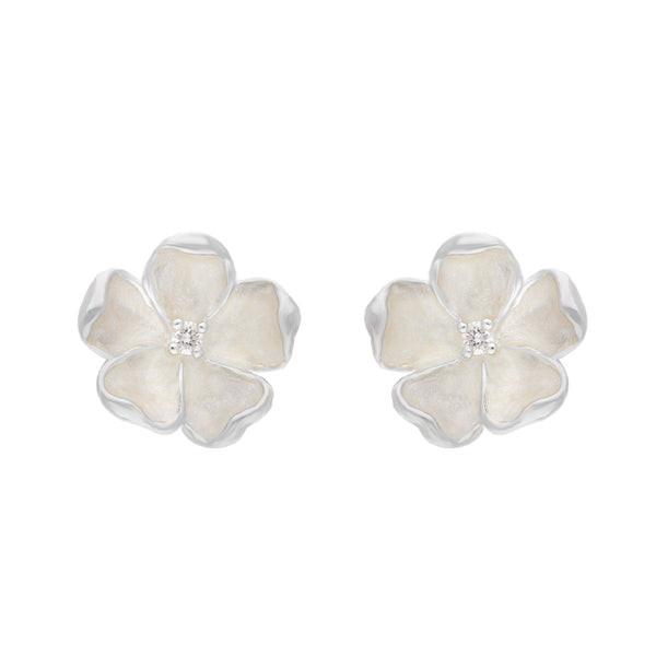Sterling Silver White Enamel Diamond Flower Studs Earrings