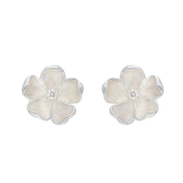 Sterling Silver White Enamel Diamond Flower Studs Earrings